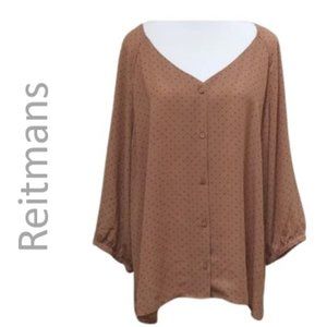 Reitmans plus size 2X light brown with black polka dots 3/4 sleeves blou…